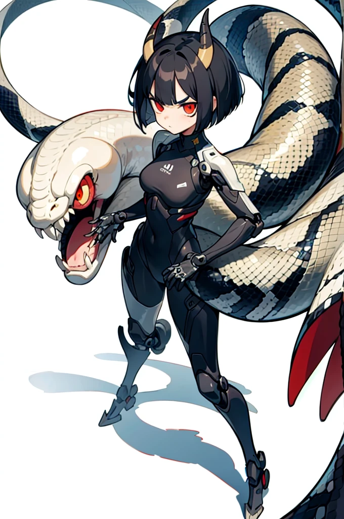 (finely best quality illustration:1.1), (1girl, solo:1.1), (black short hair:1.1), (masterpiece, ultra high quality), (standing), (full body), (1girl), (solo), (female focus), (Singular, large red horn), (half human/half snake hybrid), (Messy bob-cut with sharp bangs), (big eyebrows), (angry eyes), (long, snake like tailbone on girl) (Cute anime snake eyes), (limbless, snake-like, female body), (mechanical exo-suit)