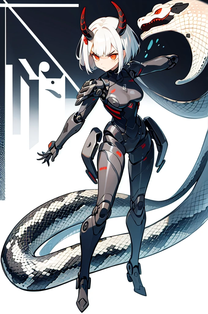 (finely best quality illustration:1.1), (1girl, solo:1.1), (black short hair:1.1), (masterpiece, ultra high quality), (standing), (full body), (1girl), (solo), (female focus), (Singular, large red horn), (half human/half snake hybrid), (Messy bob-cut with sharp bangs), (big eyebrows), (angry eyes), (long, snake like tailbone on girl) (Cute anime snake eyes), (limbless, snake-like, female body), (mechanical exo-suit)
