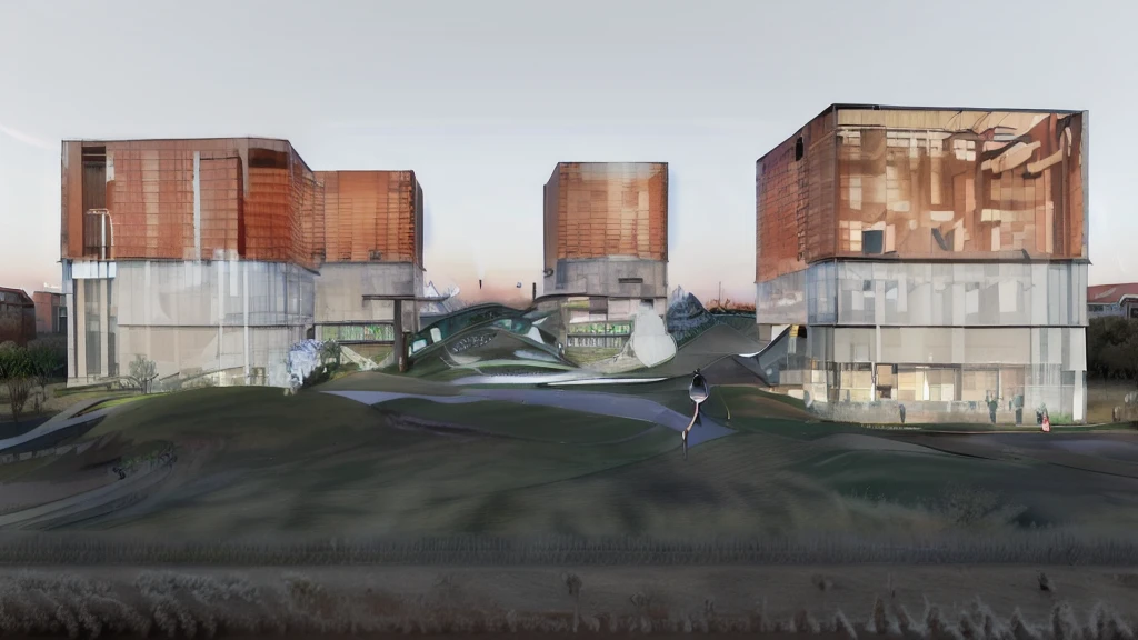 Installation art，Rural public space，Village square，evening，Sunset，Warm Lights，Concept Art，With vegetation