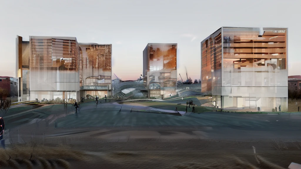 Installation art,Rural public space,Village square,evening,Sunset,Warm Lights,Concept Art,With vegetation