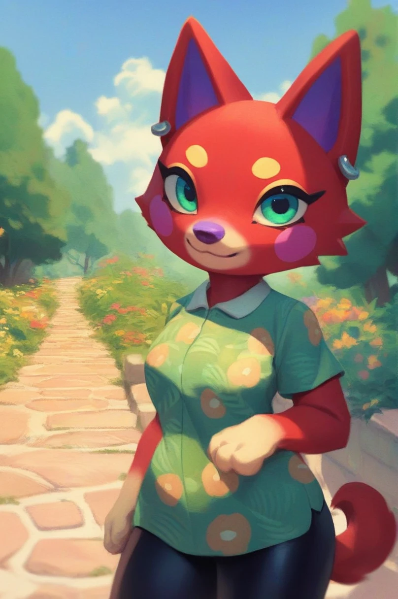 zPDXL,cherry (animal crossing), purple nose, red fur, teal eyes, furry female, dog girl, ear piercing, webbed shirt, black leggings, looking at viewer, smiling, upper body shot, standing, outside, stone path, trees, flowers, blue sky,