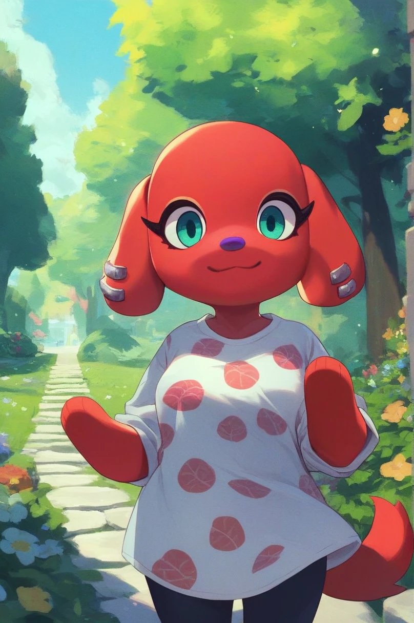 zPDXL,cherry (animal crossing), purple nose, red fur, teal eyes, furry female, dog girl, ear piercing, webbed shirt, black leggings, looking at viewer, smiling, upper body shot, standing, outside, stone path, trees, flowers, blue sky,