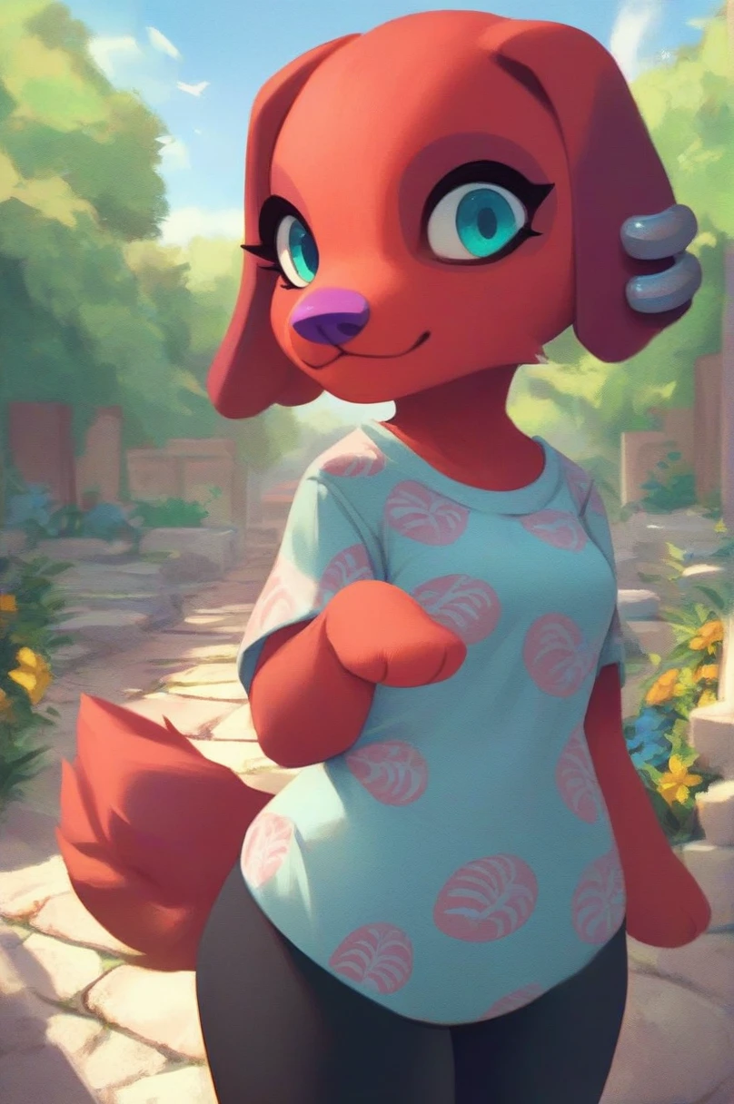 zPDXL,cherry (animal crossing), purple nose, red fur, teal eyes, furry female, dog girl, ear piercing, webbed shirt, black leggings, looking at viewer, smiling, upper body shot, standing, outside, stone path, trees, flowers, blue sky,