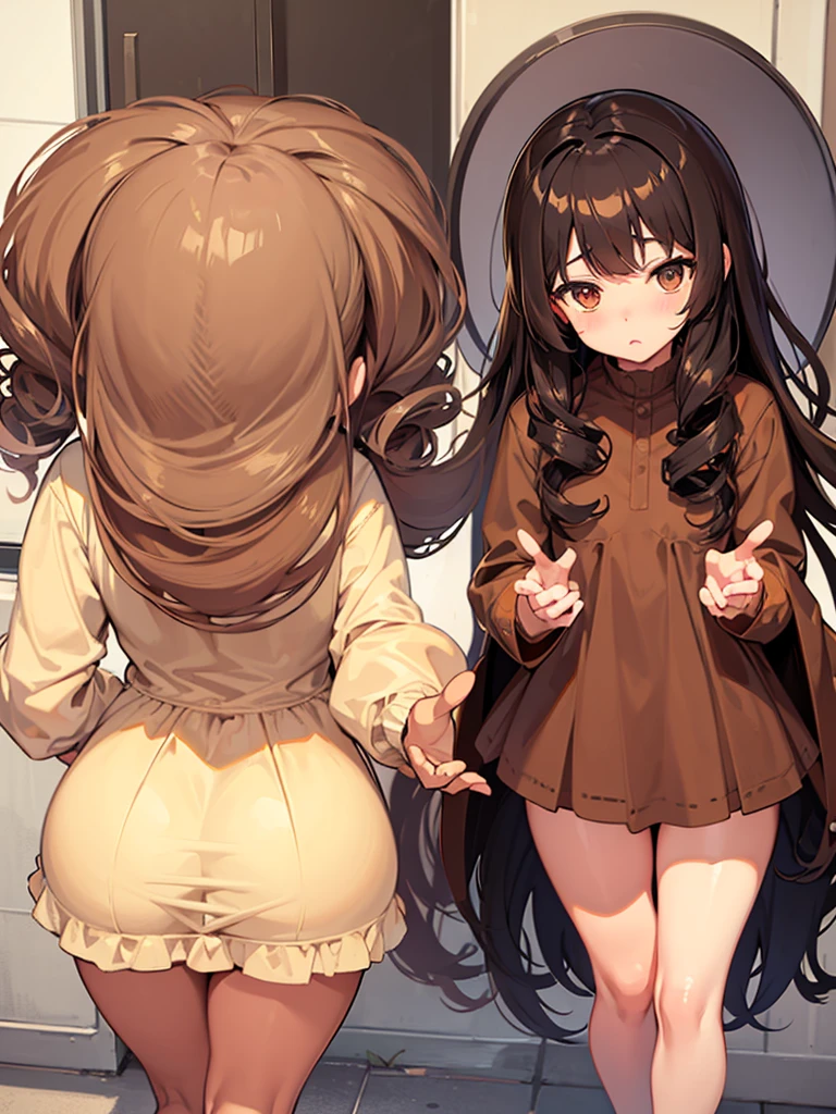 Anime girl, brown skin, thick, cute, long curly brown hair with bangs, brown eyes, coquette dress aesthetic
