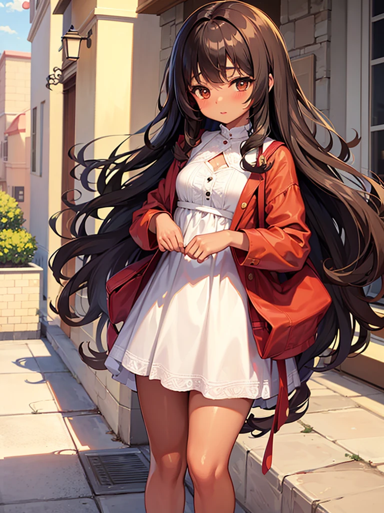 Anime girl, brown skin, thick, cute, long curly brown hair with bangs, brown eyes, coquette dress aesthetic
