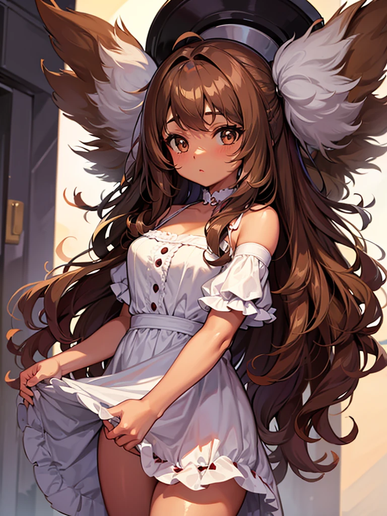 Anime girl, brown skin, thick, cute, long curly brown hair with bangs, brown eyes, coquette dress aesthetic