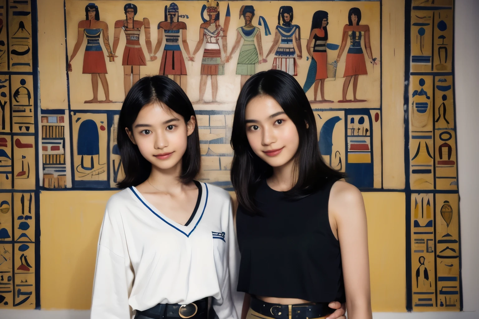 246 (In the mural２people々々々々々々々々々々々々々々々), (An 18-year-old female and an 18-year-old male), short hair,kind, lipstick, Egyptian civilization, Waist belt, Hieroglyphics, smile