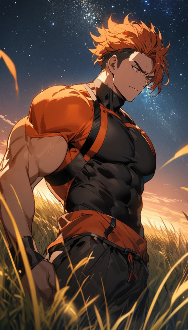 A muscular man wearing an orange, red and black outfit，Cool hairstyle，grassland，Starry Sky