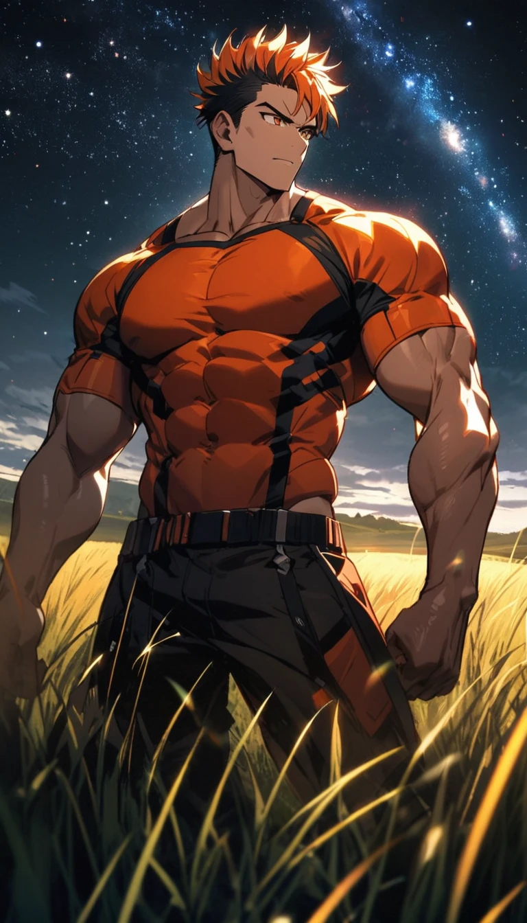A muscular man wearing an orange, red and black outfit,Cool hairstyle,grassland,Starry Sky