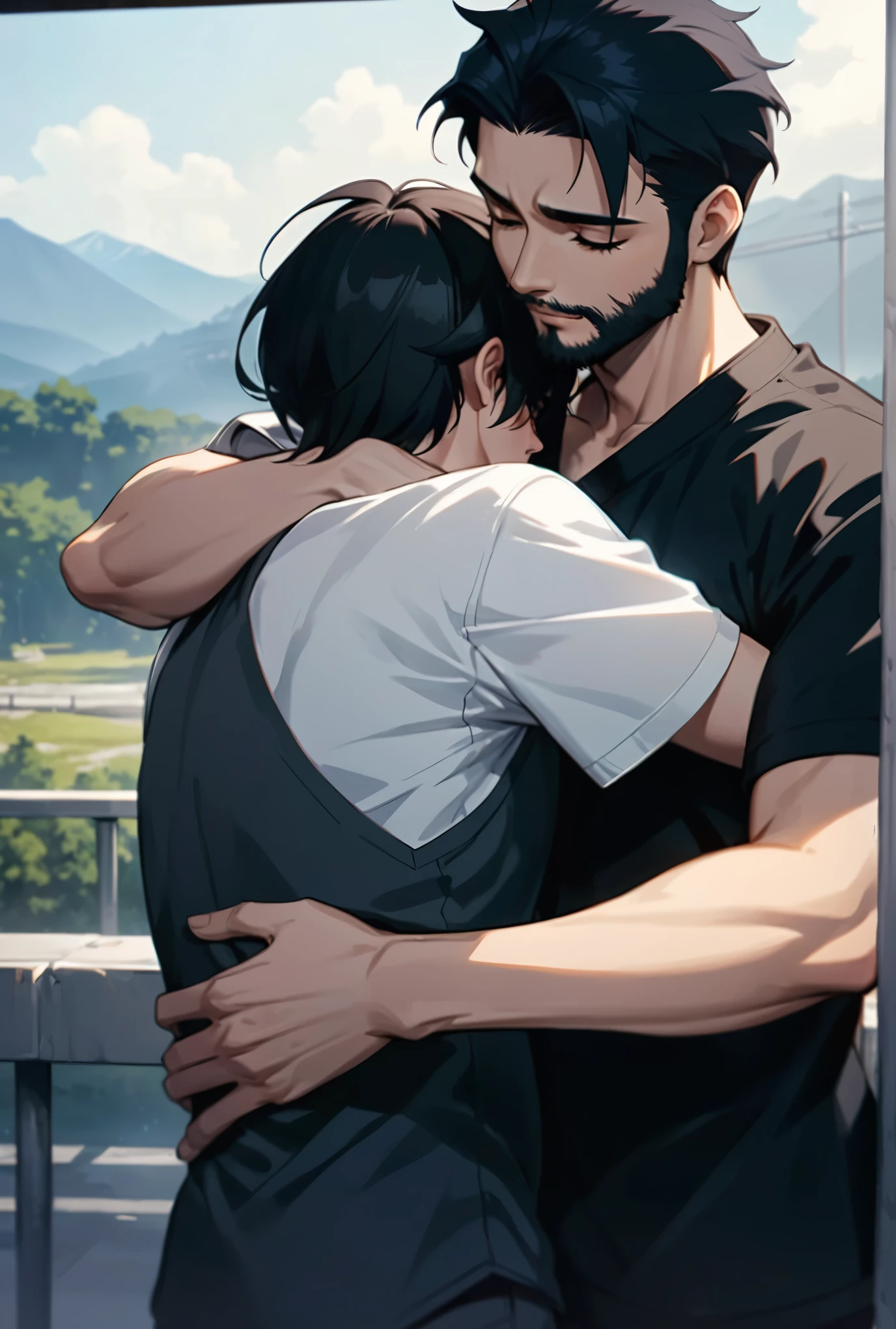 anime couple Embrace each other on a bridge with mountains in the background, Nick Silva and Ilya Kuvshinov, two men Embrace, Gweiz-style artwork, Embrace each other, Yaoi, yusuke murata and makoto shinkai, Embrace, Very detailed fan art, sakimichan and makoto shinkai