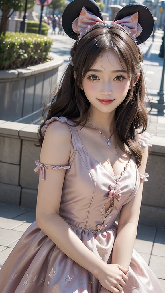 Beautiful woman in a princess dress,Sweet smile,Mickey bow hair accessories,Next to Disneyland Castle