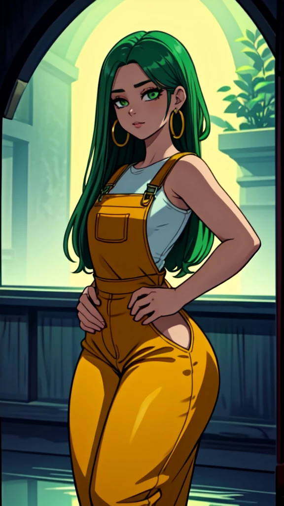 masterpiece, best quality,1girl, ((young girl)), ((large round magical green eyes)), shiny skin, (thin waist), ( very curlly green hair), ((curvy)), ((wide hips)), ((hoop earrings)), ((small size)) , ((( yellow overalls))), hot, soft natural lighting, reflections, bright illuminations, ((yellow outfit))
