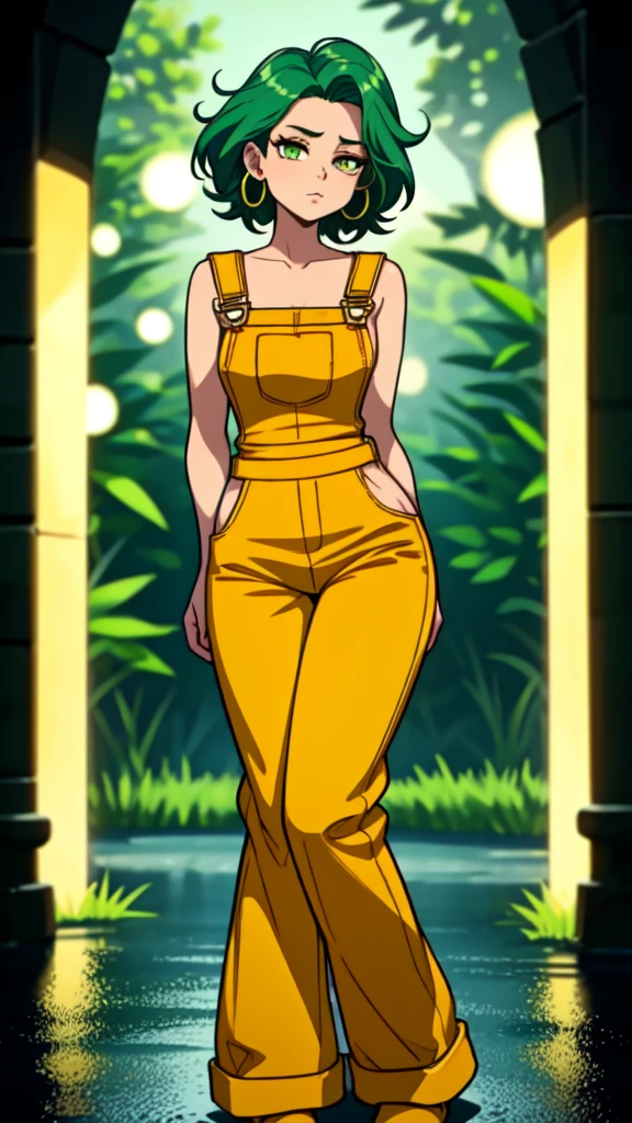 masterpiece, best quality,1girl, ((young girl)), ((large round magical green eyes)), shiny skin, (thin waist), ( very curlly green hair), ((curvy)), ((wide hips)), ((hoop earrings)), ((small  size)) , ((( yellow overalls))), hot, soft natural lighting, reflections, bright illuminations, ((yellow outfit))
