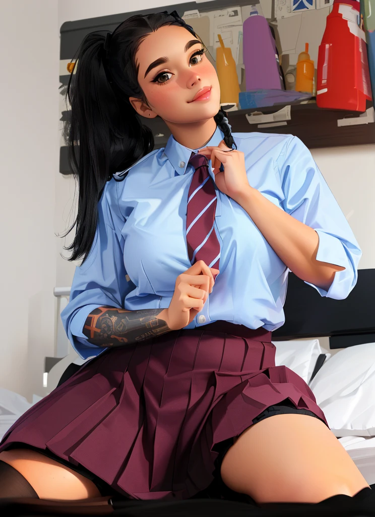 there is a woman in a skirt and shirt posing on a bed, dressed as schoolgirl, school girl, cute schoolgirl, of a schoolgirl posing, realistic , wearing a , hyperrealistic , wearing headmistress uniform, a hyperrealistic , wearing , girl wearing uniform, with black pigtails, 
