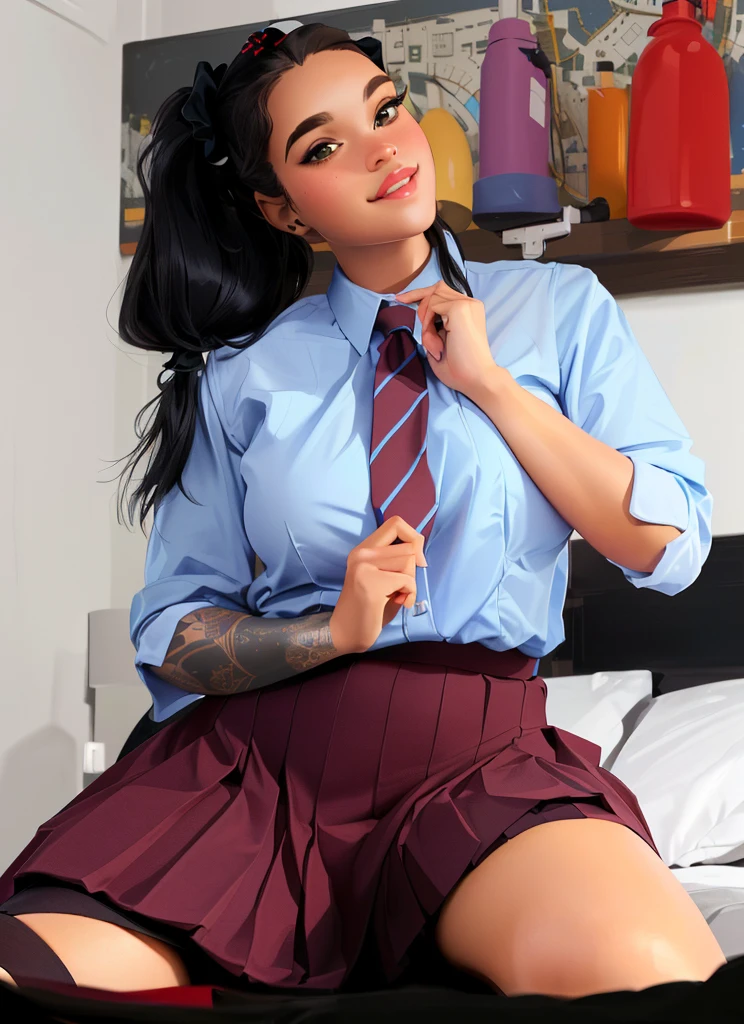 there is a woman in a skirt and shirt posing on a bed, dressed as schoolgirl, school girl, cute schoolgirl, of a schoolgirl posing, realistic , wearing a , hyperrealistic , wearing headmistress uniform, a hyperrealistic , wearing , girl wearing uniform, with black pigtails, 