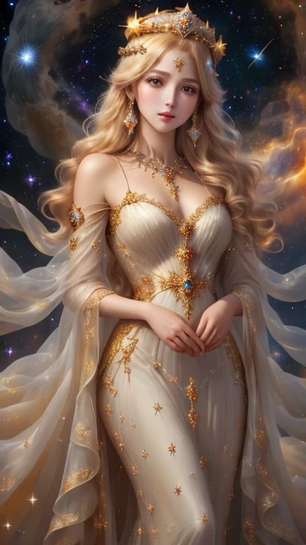 The cosmic goddess adorned with a natural crown of gold and precious stones、 Elegant and beautiful、A look of mercy、Looking at this、looking at the camera、Brown eyes、Full Body Shot、Blonde Hair、A dazzling light shines from behind、An elegant, sheer, yellowish gown、 sheer white dress.  elegant highly detailed, The Universe is Infinite、Countless stars and nebulae、The sun is in the background、The universe is full of light、(masterpiece、Highest quality、High resolution、Best lighting、8K)