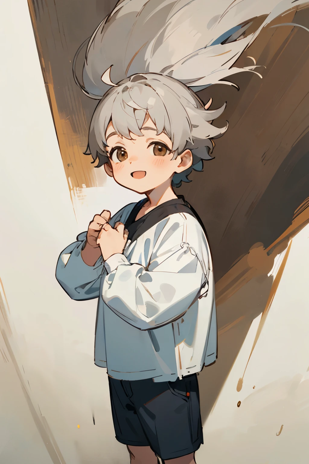 ((Best Quality)), ((Masterpiece)), (detailed), 1 happy 3 year old baby boy in casual clothes, gray hair and brown eyes 