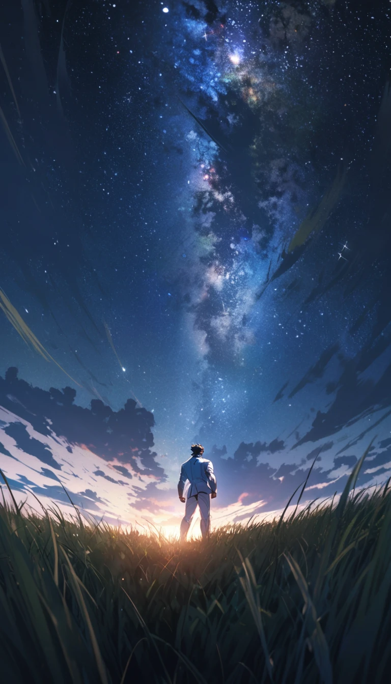 A muscular man wearing a sky blue and white suit,Cool hairstyle,grassland,Starry Sky