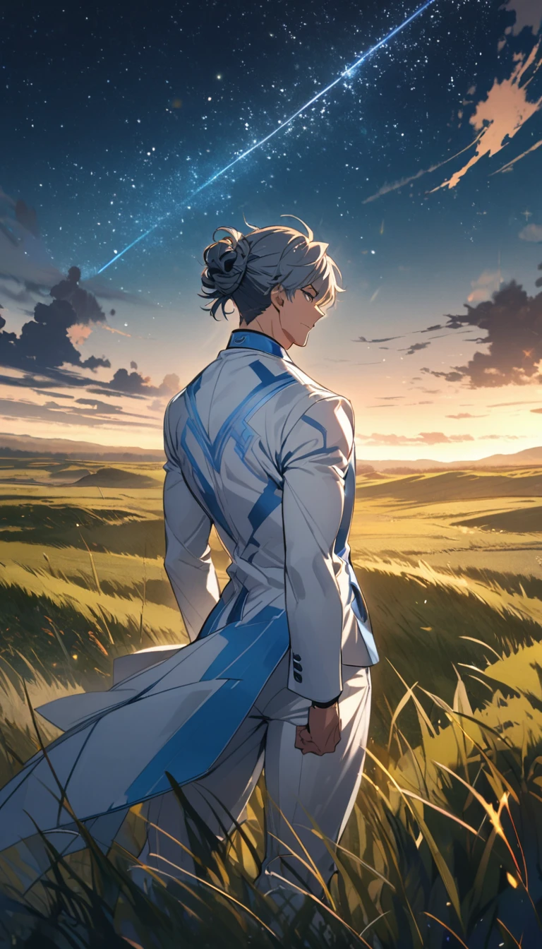 A muscular man wearing a sky blue and white suit,Cool hairstyle,grassland,Starry Sky