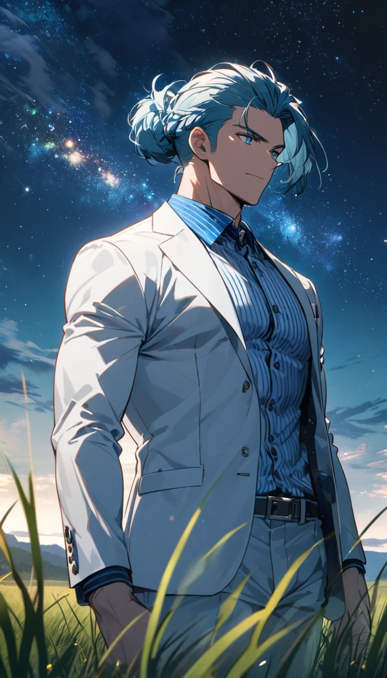 A muscular man wearing a sky blue and white suit,Cool hairstyle,grassland,Starry Sky