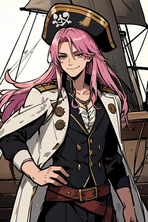 A handsome pink haired man with violet eyes with long hair in a pirate's uniform is smiling on a pirate ship