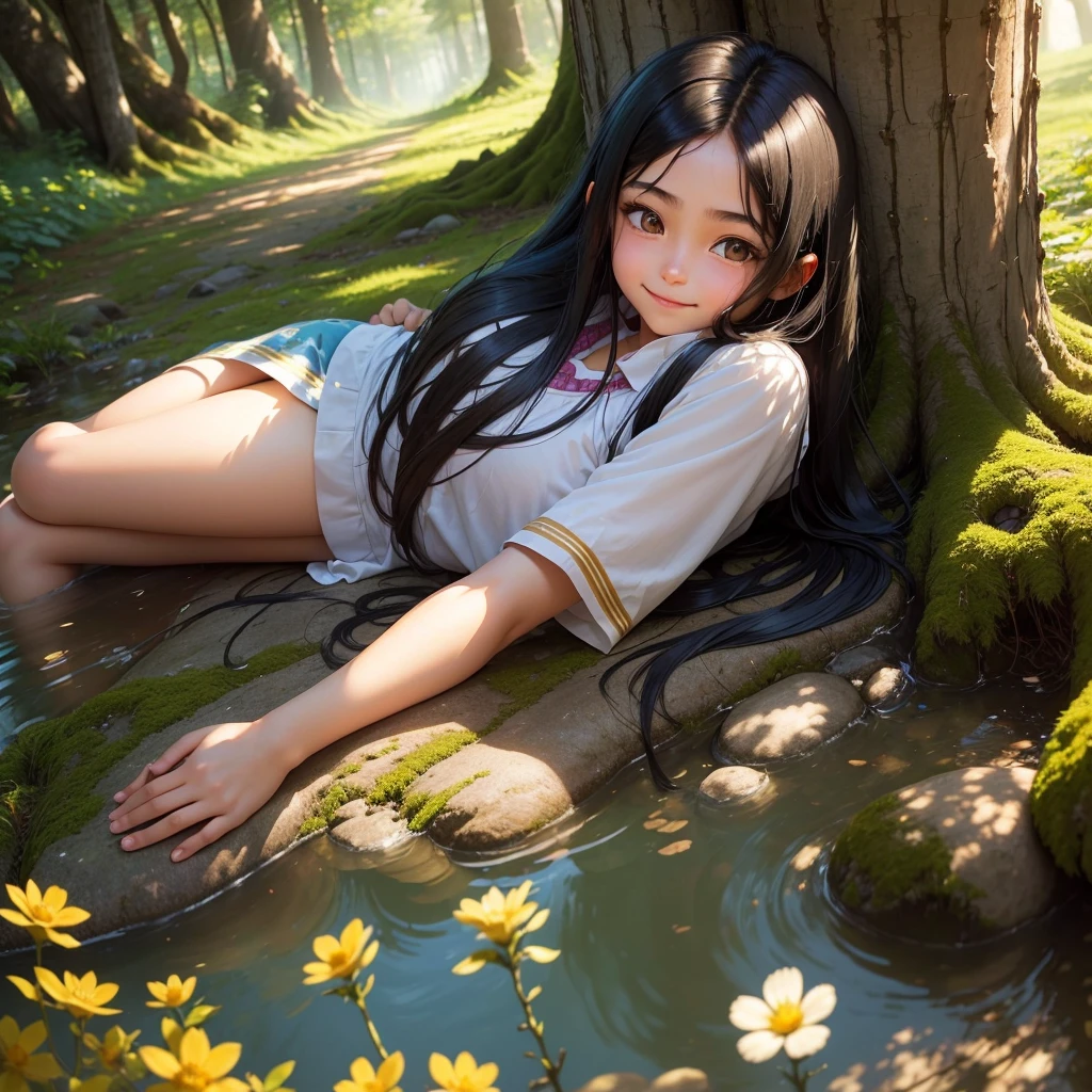 She is an , black hair, long hair, honey-colored eyes, warm look, tender look, smile, happiness, tranquility, peace. She lives in a house in the forest, forest and trees, many flowers, blue sky, sun. radiant