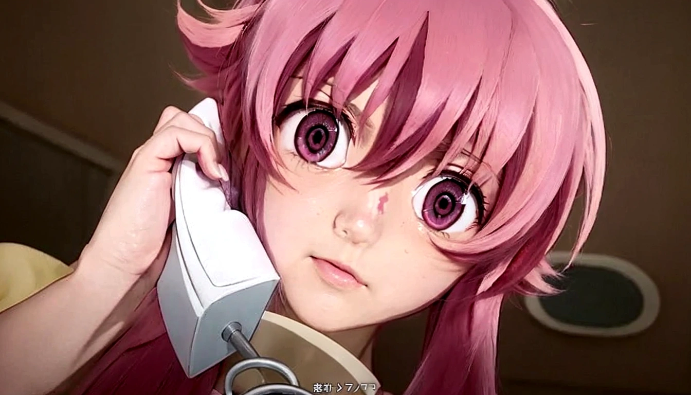 Anime girl with pink hair talking on cell phone., Mirai Nikki, Chica anime llamada Gasai Yuno, big pink eyes, Gasai Yuno, closeup of another iwakura, Gasai Yuno, Gasai Yuno, she has a nice expressive face, Gasai Yuno, screenshot from a 2012 anime, in the anime movie, scene!!, Shocking