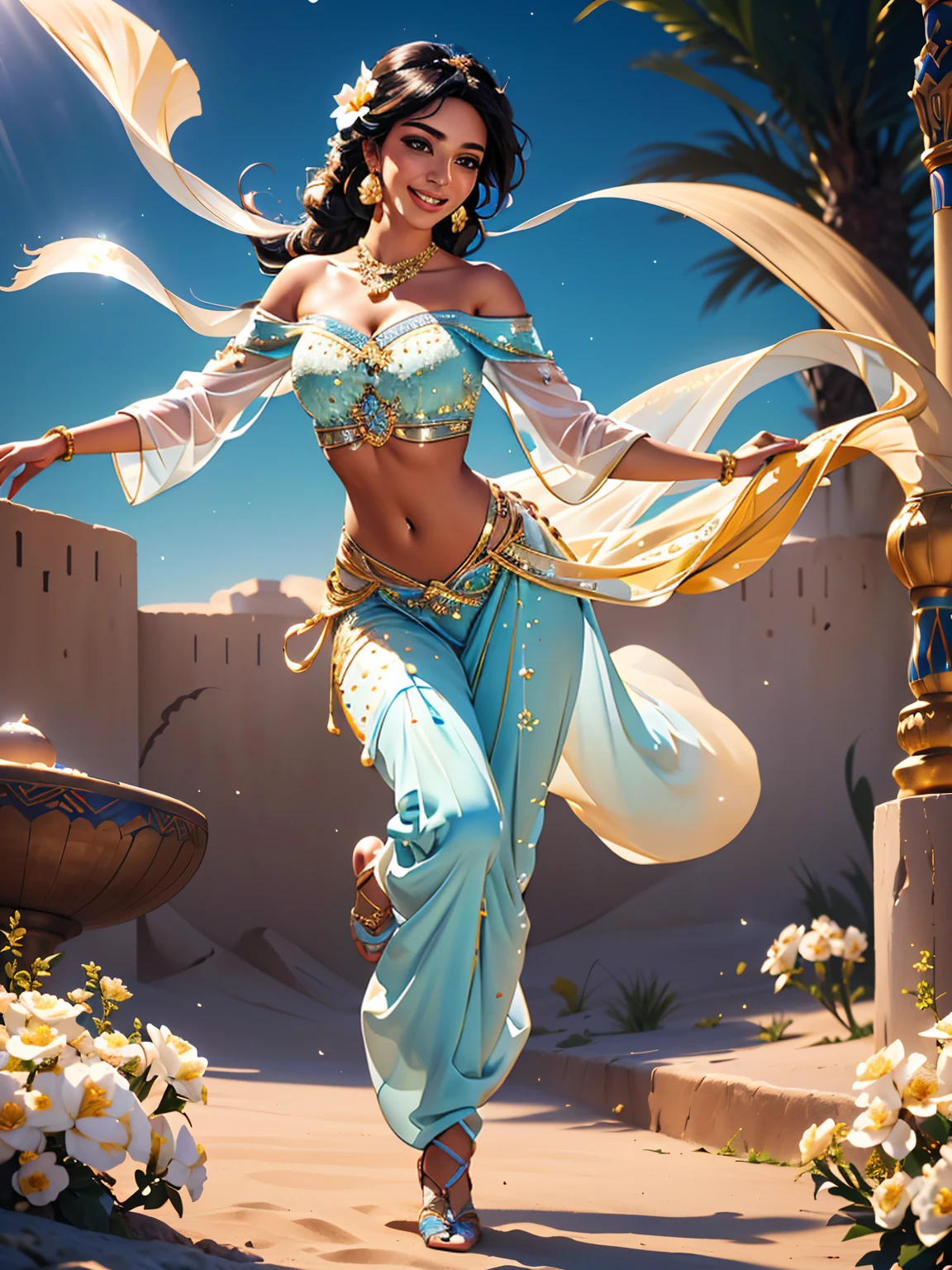 a person dancing in a mystical Egyptian-inspired environment, golden and blue lights, energies and music filling the air, smile and joy, highly detailed, 8k, photorealistic, cinematic lighting, dramatic shadows, vibrant colors, intricate ornate details, ornate jewelry, flowing fabric, ethereal atmosphere, cosmic background, awe-inspiring
