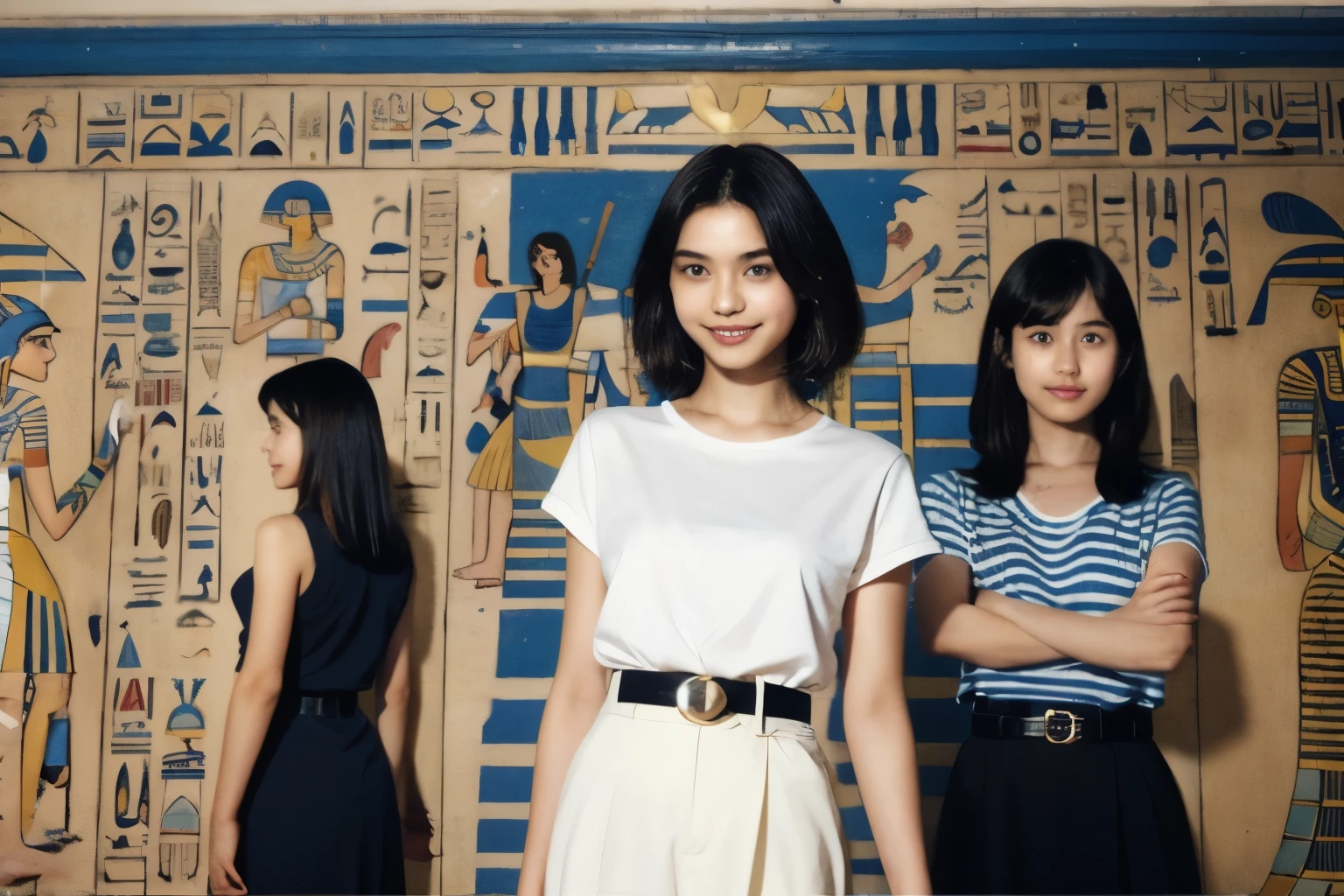 246 (In the mural２people々々々々々々々々々々々々々々々), (An 18-year-old female and an 18-year-old male), short hair,kind, lipstick, Egyptian civilization, Waist belt, Hieroglyphics, smile