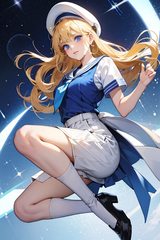 sHe has blond hair, blue eyes, sHe wears a white sailor shirt with a blue collar, a blue necktie, a matching hat, and blue capri pants, as well as white knee-high socks and black Mary Jane shoes. SPARKLE; GLITTER