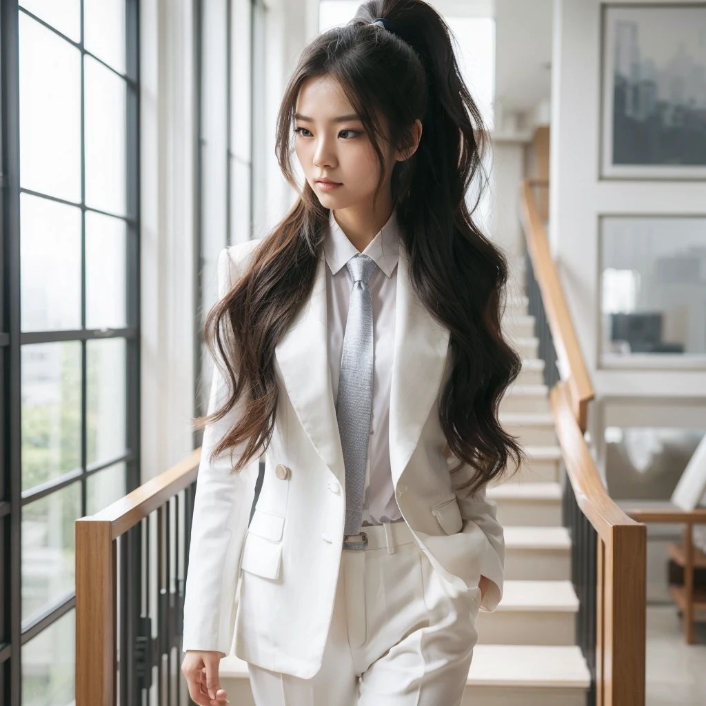 a beautiful Chinese girl, side pony hairstyles, white stunna suit, slacks, walking on the office stairs, transparent big window, cozy, intricate details, hyper realistic, 8k, photorealistic, elegant, serene, masterpiece