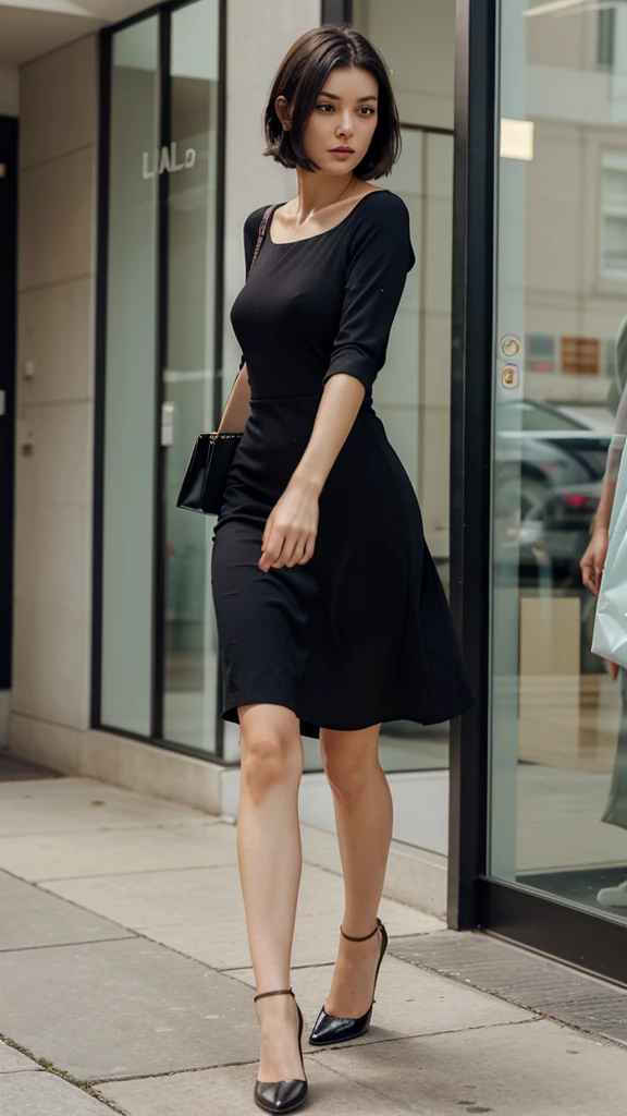 Woman, full length, walking sideways, wearing elegant short dress, elegant shoes, detailed face, dark hair, returned from shopping, detailed face.