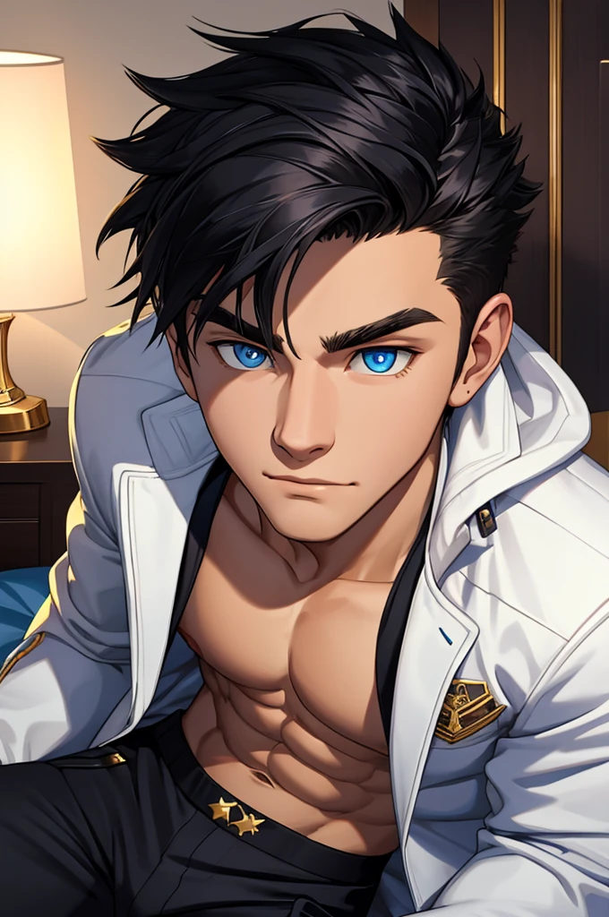 close-up on the face of a handsome and sensual young 18-year-old male, athletic body, spiky black hair, blue eyes with star-shaped pupils, white jacket with gold details,  under the jacket, black pants with gold details.  In the bedroom.