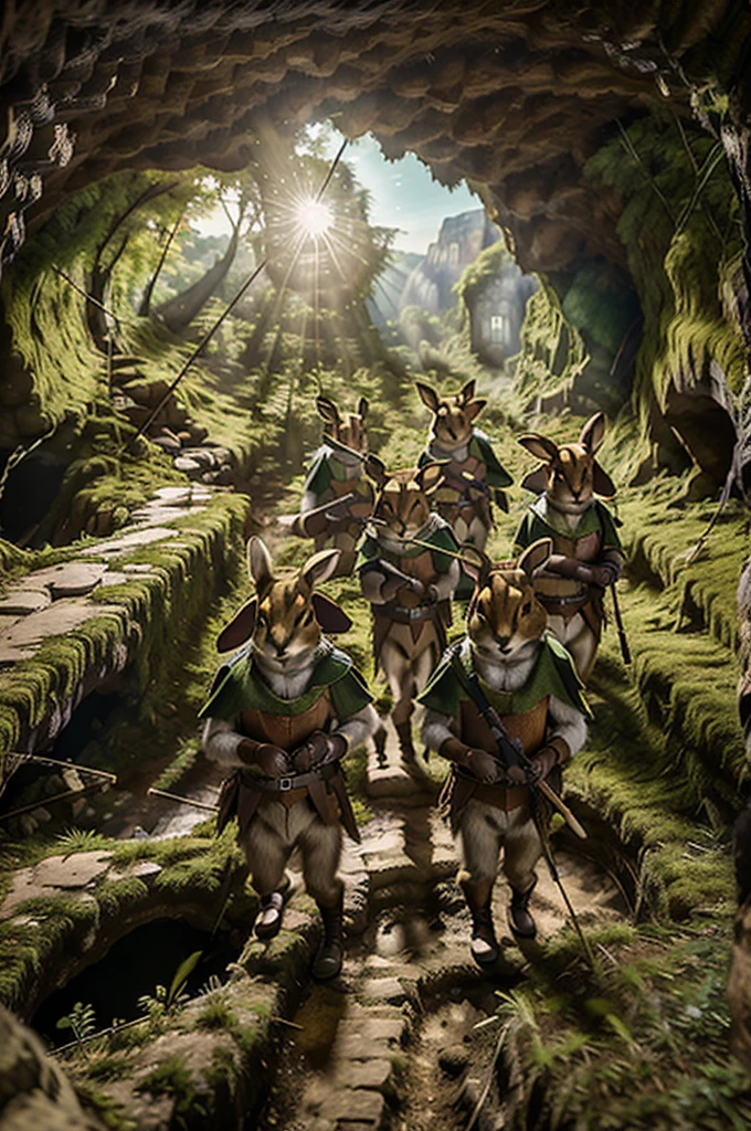 a group of anthropomorphic rabbits dressed like robin hood picking their way through cave ruins, masterpiece, best, photo realistic