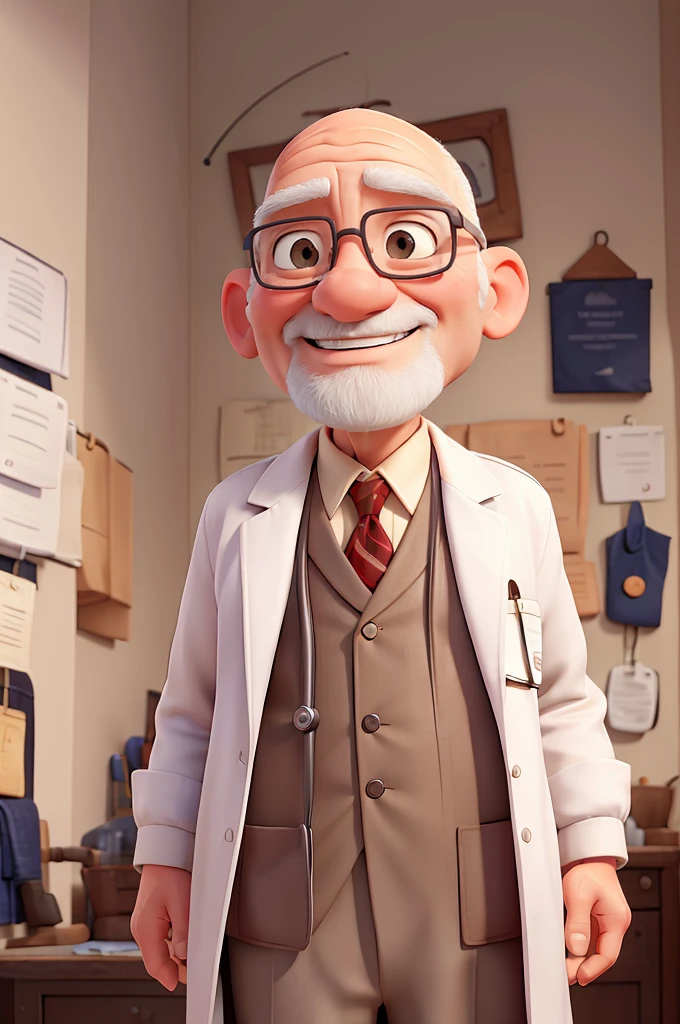 And old and bald doctor on a white background. Doctor coat. Smile. Pointing to something above his head