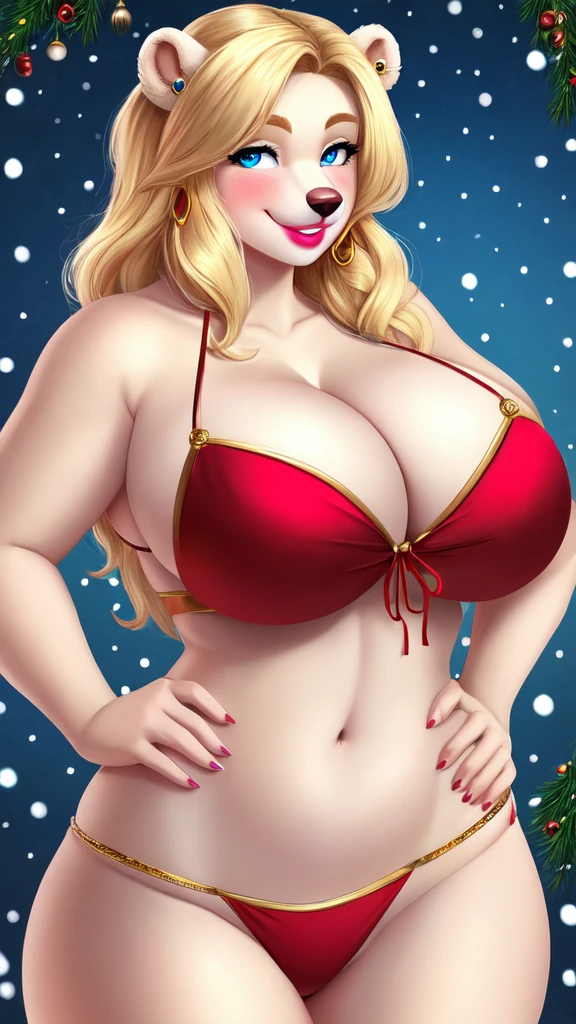 Blonde polar bear woman, wearing a Christmas bikini, perfect face, blue eyes, big breasts, cleavage, three-quarter view, solo, smile, perfect detailed body, pink lipstick, gold earring, hand on hips, blushing