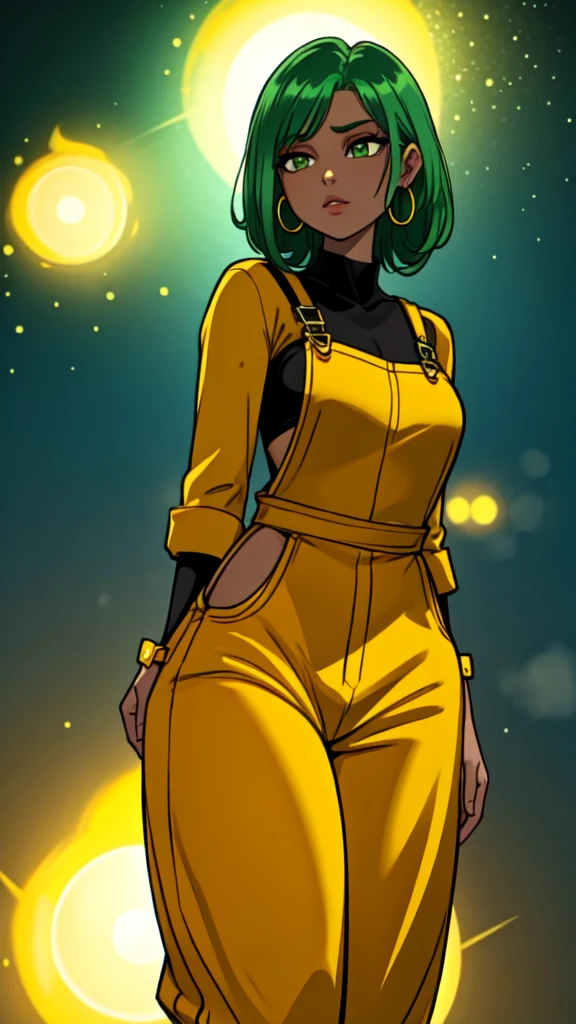 masterpiece, best quality,1girl, ((young girl)), ((large round magical green eyes)), shiny skin, (thin waist), ( very curlly green hair), ((curvy)), ((wide hips)), ((hoop earrings)), ((small size)) , ((( yellow overalls))), hot, soft natural lighting, reflections, bright illuminations, deep dark black skin, ((yellow outfit))