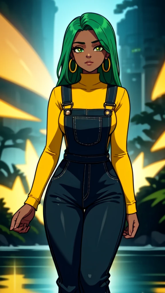 masterpiece, best quality,1girl, ((young girl)), ((large round magical green eyes)), shiny skin, (thin waist), ( very curlly green hair), ((curvy)), ((wide hips)), ((hoop earrings)), ((small size)) , ((( yellow overalls))), hot, soft natural lighting, reflections, bright illuminations, deep dark black skin, ((yellow outfit))