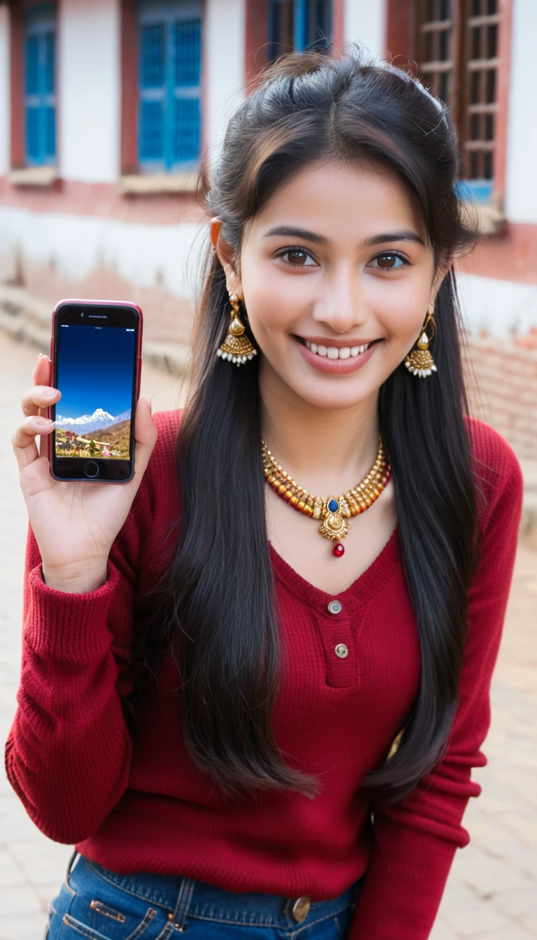 Beautiful and delicate light, (beautiful and delicate eyes), pale skin, big smile, brown eyes, black brown long hair, front shot, Nepali girl showing her mobile phone, soft expression, height 170, elegance, bright smile, 8k art photo, realistic, portrait, necklace, small earrings, iphone, jewelry, shyness, red sweater, dark blue jeans, Kathmandu road