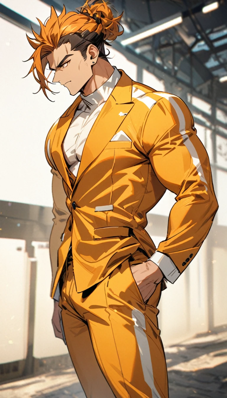 A muscular man wearing an orange and white suit,Cool hairstyle