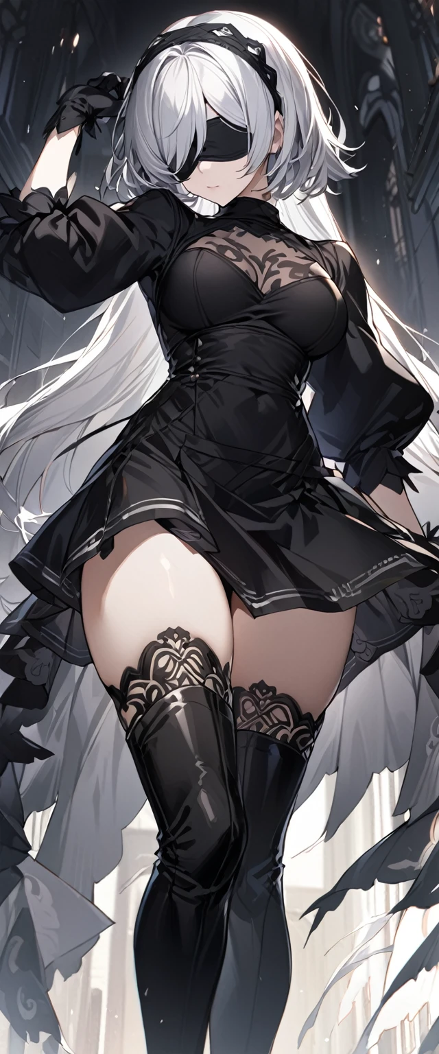 1girl,2b \(nier:automata\), solo,black dress,white_lining black_skirt,two-sided fabric, high thigh boots,gloves,white hair,blindfold,black skirt,intricate details,perfect anatomy,best quality,