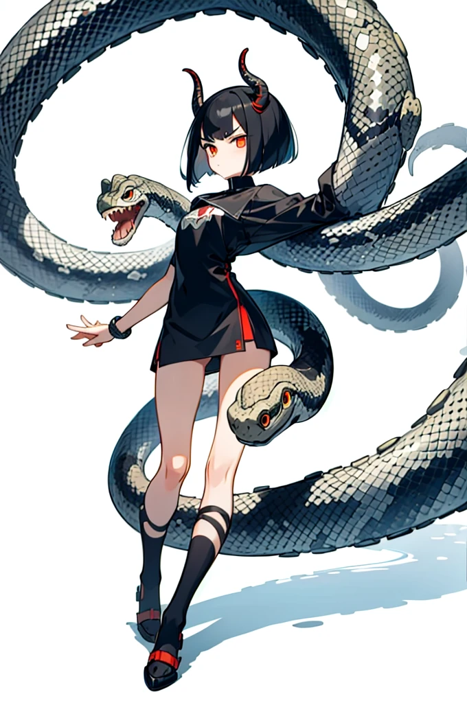 (finely best quality illustration:1.1), (1girl, solo:1.1), (black short hair:1.1), (masterpiece, ultra high quality), (standing), (full body), (1girl), (solo), (female focus), (Singular, large red horn), (half human/half snake hybrid), (Messy bob-cut with sharp bangs), (big eyebrows), (angry eyes), (long, snake like tailbone) (Cute anime snake eyes), (limbless, snake-like, female body)