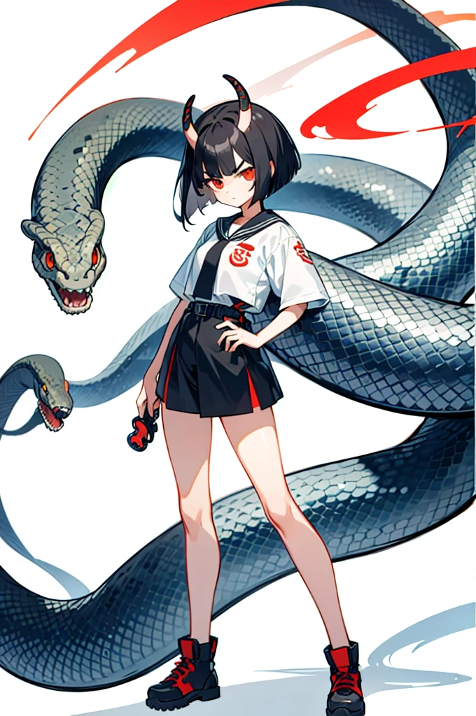 (finely best quality illustration:1.1), (1girl, solo:1.1), (black short hair:1.1), (masterpiece, ultra high quality), (standing), (full body), (1girl), (solo), (female focus), (Singular, large red horn), (half human/half snake hybrid), (Messy bob-cut with sharp bangs), (big eyebrows), (angry eyes), (long, snake like tailbone) (Cute anime snake eyes), (limbless, snake-like, female body)