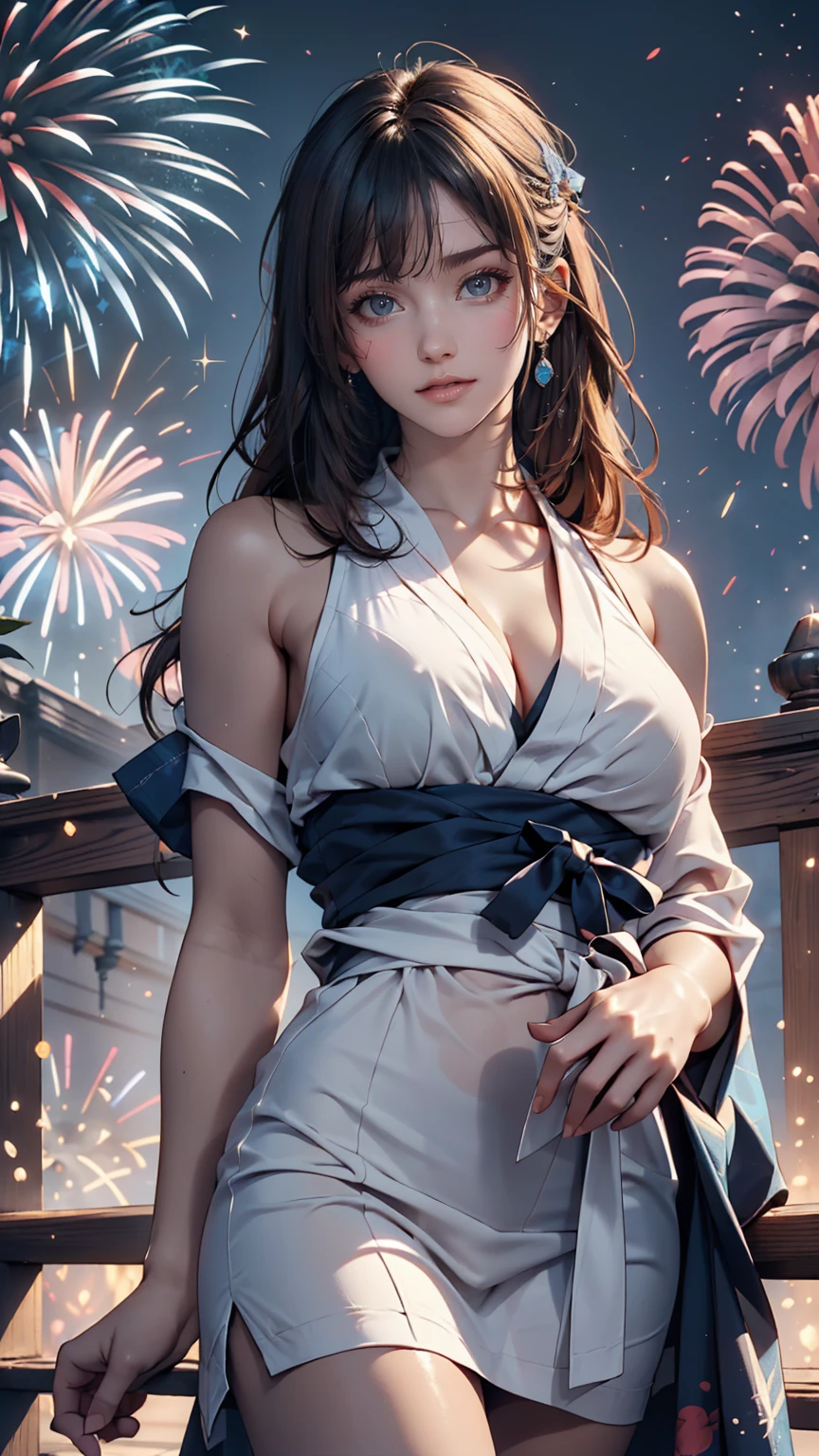 ((masterpiece, Highest quality, Super Definition, High resolution)), alone, beautiful girl, Shining Eyes, Perfect Eyes, 16 years old, Blue Theme, yukata, firework、 proportions、Narrow waist、Delicate limbs、