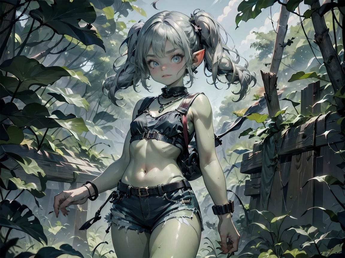 1 girl, solo ((best quality)), ((masterpiece)), (detailed), 4k, deep green skin, tiny pointy ears, 3 foot tall mature goblin woman with silver hair color, pigtails, ((green skin)) wearing tanktop, hiking shorts, hiking boots, backpack, wearing rainbow friendship bracelet and leather necklace, exploring dense dark jungle, foliage is getting caught on her clothes and ripping them, trying to get through dense jungle, very dark, moonlight through trees, ripped shirt, dynamic pose, action shot, cinematic still, cinematic lighting, working hard