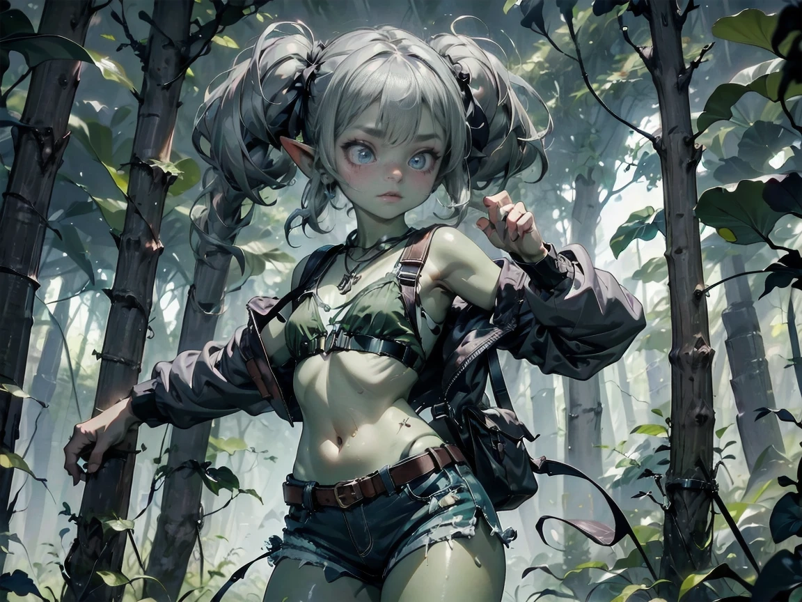 1 girl, solo ((best quality)), ((masterpiece)), (detailed), 4k, deep green skin, tiny pointy ears, 3 foot tall mature goblin woman with silver hair color, pigtails, ((green skin)) wearing tanktop, hiking shorts, hiking boots, backpack, wearing rainbow friendship bracelet and leather necklace, exploring dense dark jungle, foliage is getting caught on her clothes and ripping them, trying to get through dense jungle, very dark, moonlight through trees, ripped shirt, dynamic pose, action shot, cinematic still, cinematic lighting, working hard