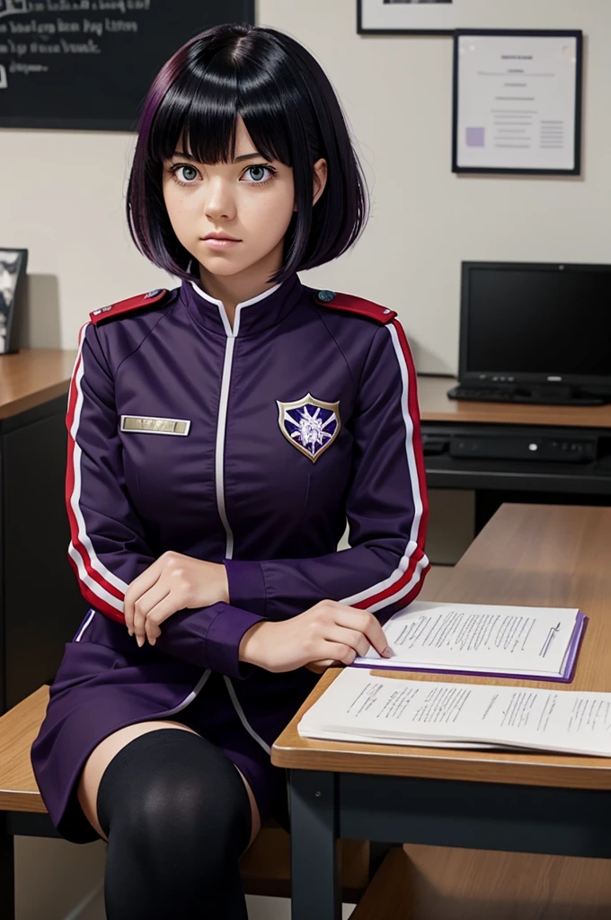 Screenshot of My Hero Academia girl with black hair with red tips and bangs in uniform with short, loose hair with purple eyes in My Hero Academia uniform sitting at a desk with a serious face and writing