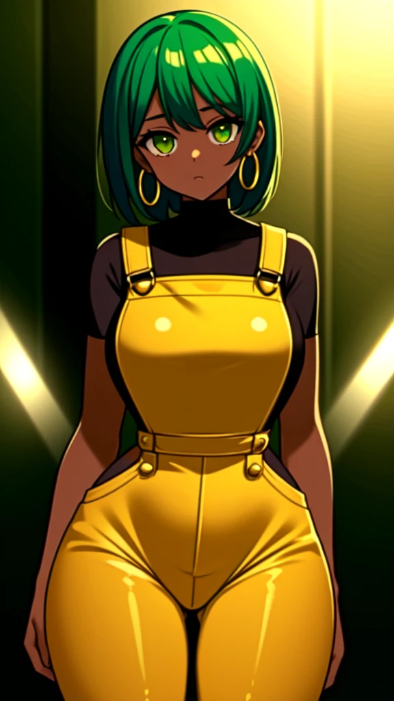 masterpiece, best quality,1girl, ((young girl)), ((large round magical green eyes)), shiny skin, (thin waist), ( very curlly green hair), ((curvy)), ((wide hips)), ((hoop earrings)), ((small size)) , ((( yellow overalls))), hot, soft natural lighting, reflections, bright illuminations, deep dark black skin, ((yellow outfit))