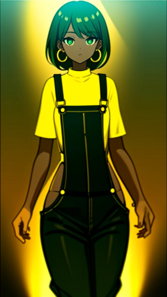 masterpiece, best quality,1girl, ((young girl)), ((large round magical green eyes)), shiny skin, (thin waist), ( very curlly green hair), ((curvy)), ((wide hips)), ((hoop earrings)), ((small size)) , ((( yellow overalls))), hot, soft natural lighting, reflections, bright illuminations, deep dark black skin, ((yellow outfit))