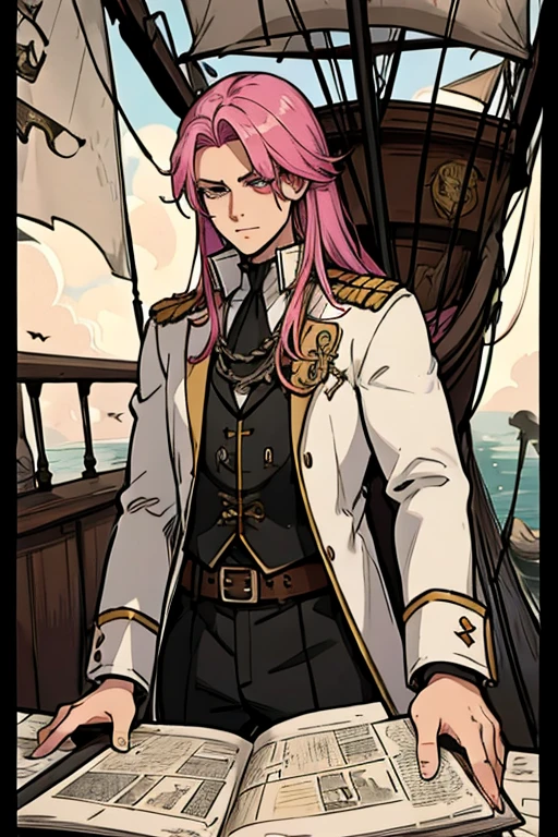 A handsome pink haired man with violet eyes with long hair in a pirate's uniform is reading a map on a pirate ship